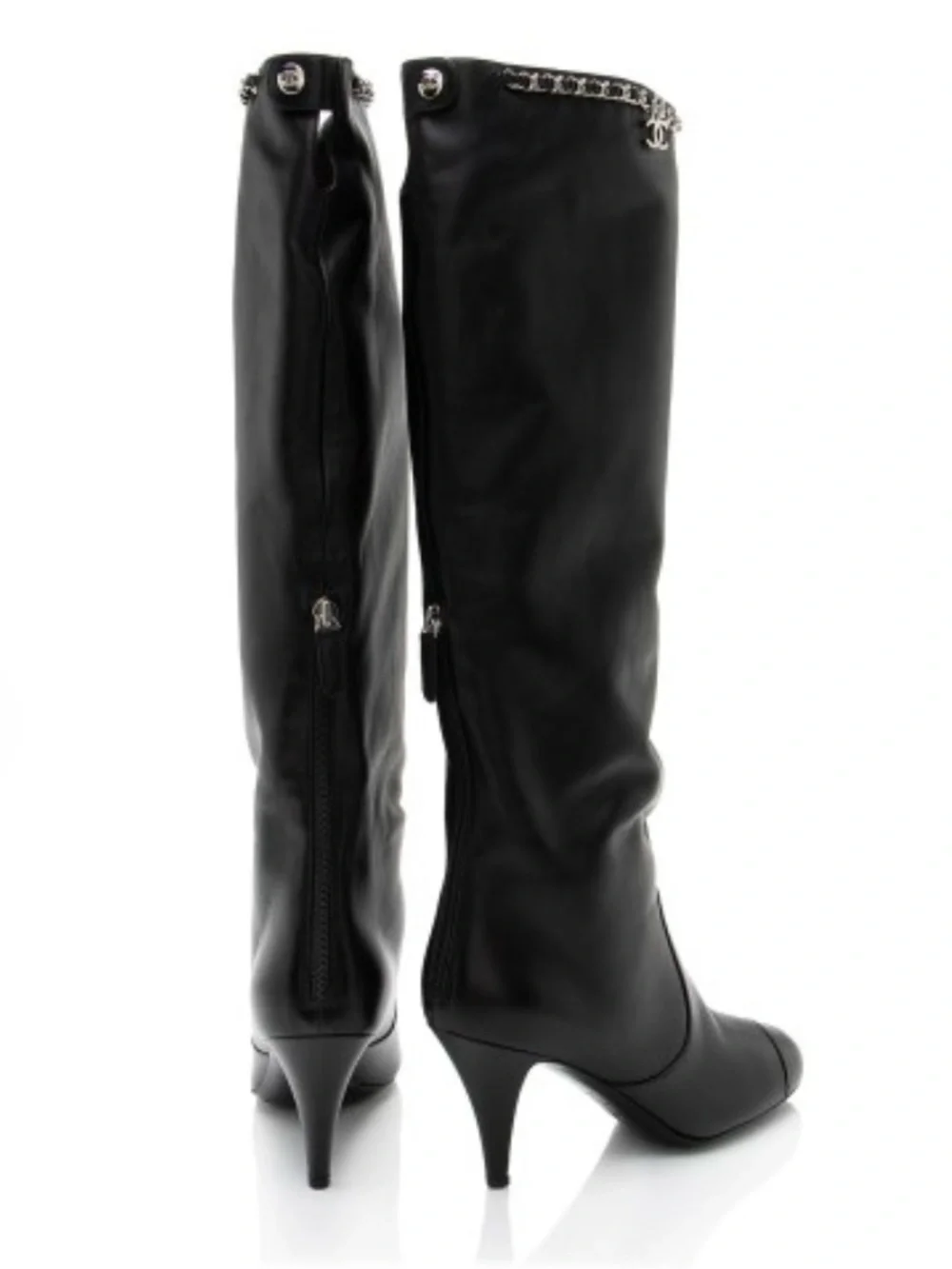 Chanel Black Leather Chain CC Charm Cap Toe Knee High Heeled Boots Size 41